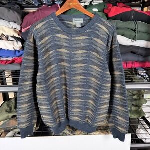 Serafini Men's Small Crew Neck Sweater Acrylic Blue Tan Green Zig Zag Pattern